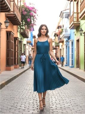 NWT Sam Edelman Satin Plisse Midi Dress Pleated Spaghetti Strap Slate Blue M